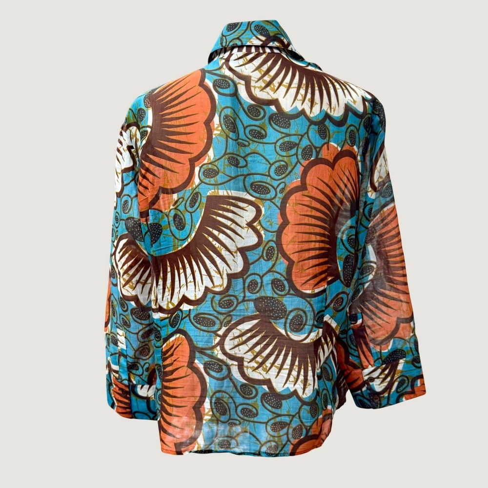 Lafayette 148 New York Abstract Floral Tie Front Blouse Turquoise Brown Size 18